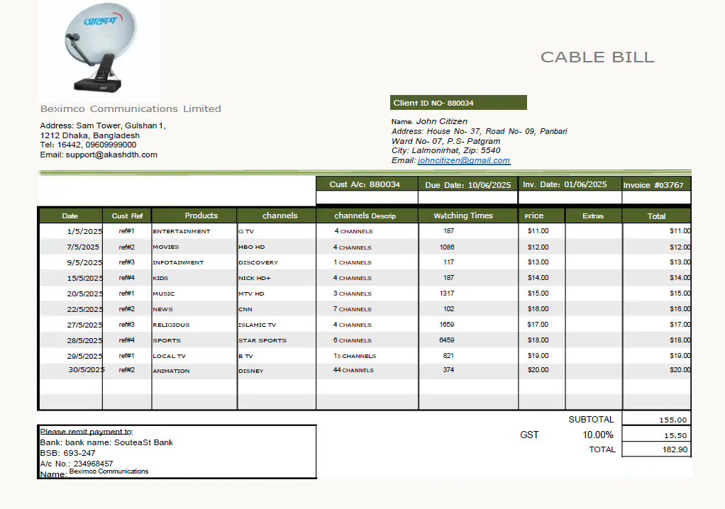 Bangladesh Beximco Communications utility bill template in Word and PDF formats